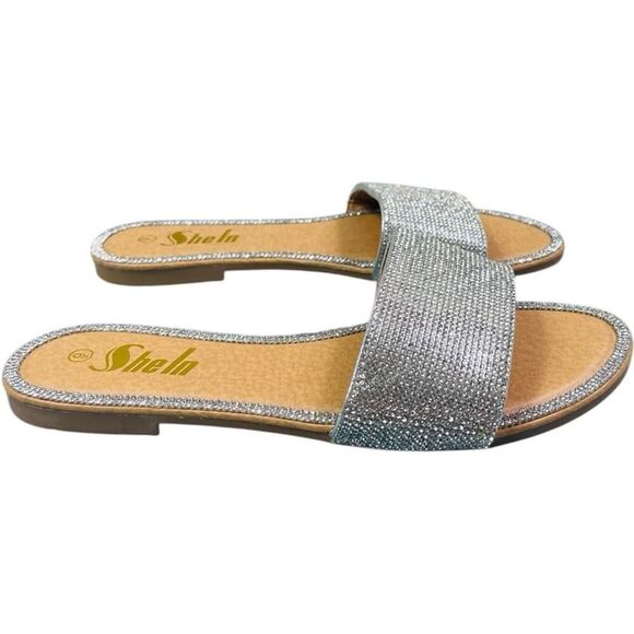 Shein Silver Round Toe Rhinestone Flat Sandals - Picture 5 of 12